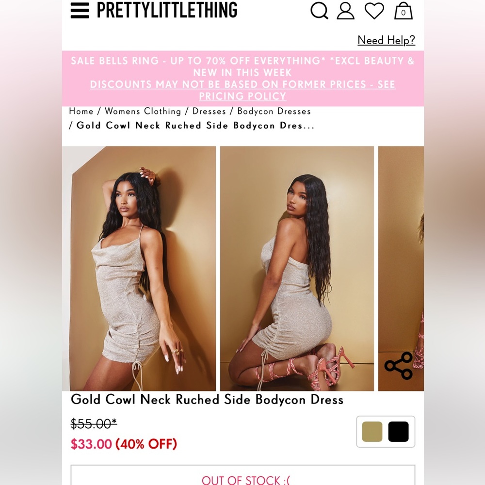 Gold cowl neck ruched bodycon dress